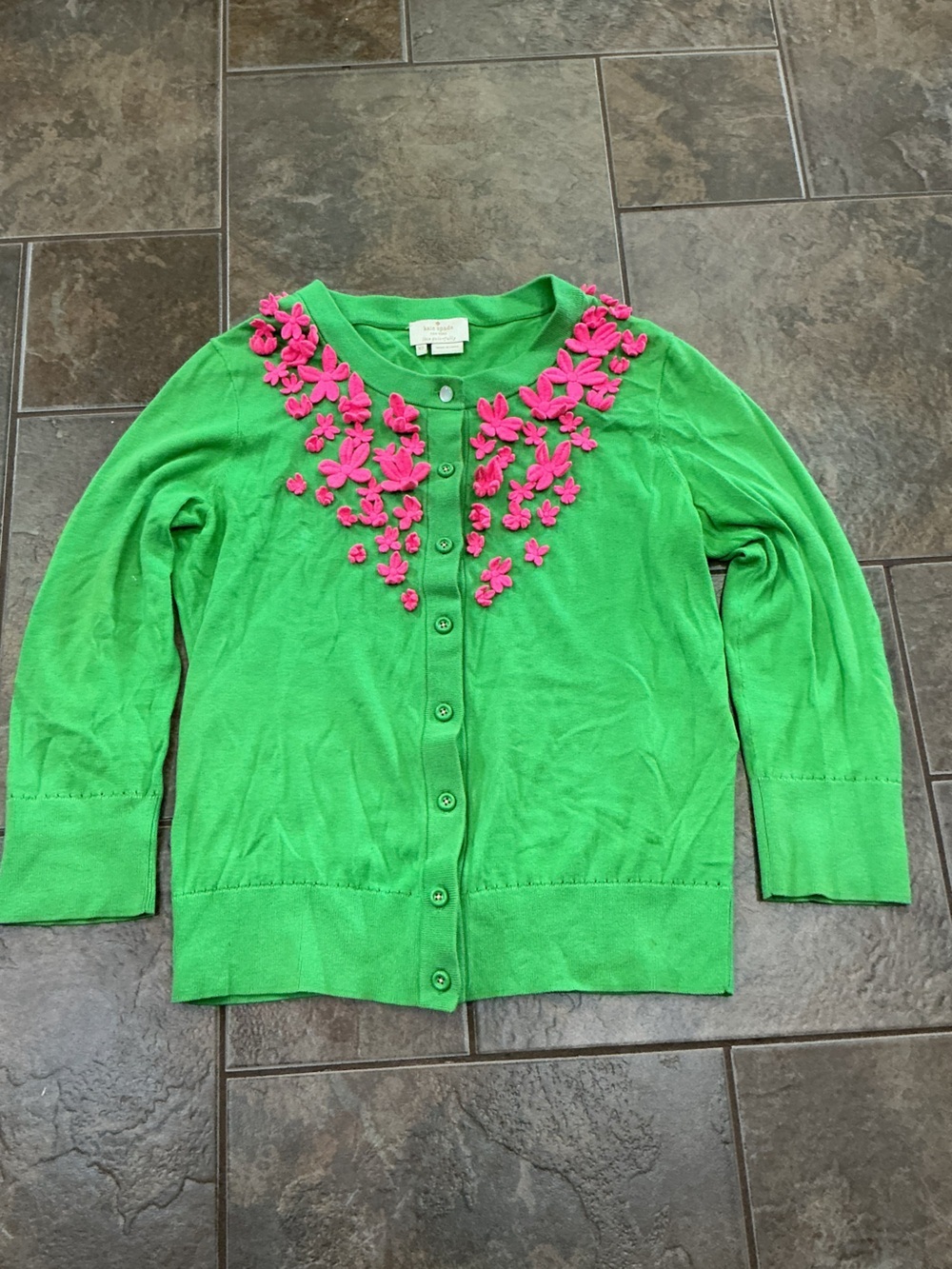 kate spade Green Cardigan with Pink Floral Appliqué